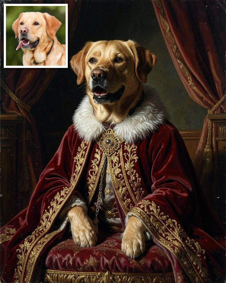 A golden labrador painted as an 18th-century royal portrait, with the original photo in the corner