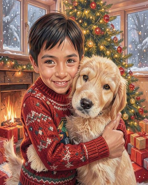 Christmas portrait: A boy and his puppy